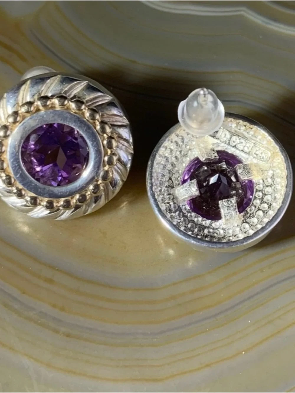 Vintage Sterling Silver 14K Gold Amethyst Two-Tone Beaded Stud Earrings Signed.